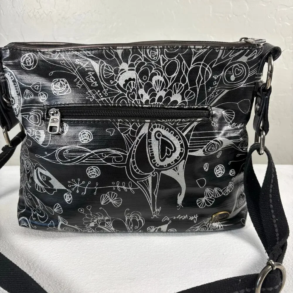 Sakroots Black Silver Peace Crossbody Organizer Bag Triple Zip Adjustable Strap